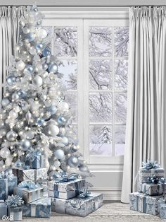 Winter Wonderland Silver and Blue Christmas Photography Backdrop - Elegant silver and blue Christmas tree with wrapped presents and a snowy landscape visible through a window. Denim And Diamonds Christmas Tree, Ice Blue Christmas Tree Decor, Silver White Blue Christmas Tree, White Silver Light Blue Christmas Tree, Powder Blue Christmas Tree, Winter Wonderland Sneaker Ball, Winter Wonderland Office Decorations White Christmas, Winter Wonderland Christmas Trees, Light Blue And White Christmas Tree