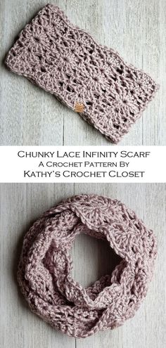 crochet scarf pattern with the words chunk lace in two different sizes and colors