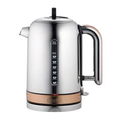 a stainless steel tea kettle with a wooden handle