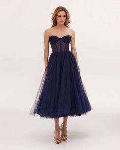 Navy Strapless Puffy Midi Tulle Dress ➤➤ Milla Dresses - USA, Worldwide delivery Midi Tulle Dress, Tea Length Tulle, Summer Wedding Guest Dress, Elegant Wedding Guest Dress, Cocktail Mini Dress, Cute Summer Outfit, Outfit Date Night, Tulle Midi Dress, Outfit Date