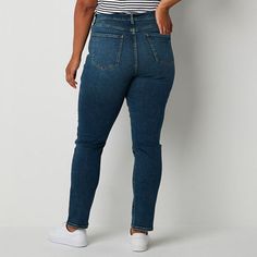 Add a fashion-forward touch to an outfit with these a.n.a women's high-rise straight-leg denim jeans with distressed knees. They're crafted from a cotton-blend with a button-zip fly, two front slip pockets, and two back slip pockets. Style them with a pretty blouse and slide sandals for a chic, relaxed look. Closure Type: Button & ZipperPockets: 1 Front Coin Pocket, 2 Back Slip Pockets, 2 Front Slip PocketsRise: High RiseFiber Content: 89% Cotton, 5% Recycled Cotton, 5% T400 Elasterell-P, 1% Ly… Long Jeans, Pretty Blouses, Straight Leg Denim, Petite Jeans, Recycled Cotton, Jean Shorts, Straight Leg Jeans, Denim Jeans, Fashion Forward