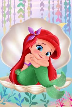 the little mermaid is sitting on top of a shell with her hands under her chin