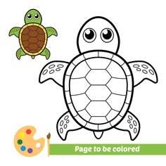 a coloring page with an image of a turtle and a paintbrush on the ground