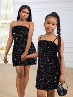 Tween Girl Matching Spaghetti Strap Glitter Dress For Party, Mom And Daughter Outfits, Birthday Celebration Black   Sleeveless Sequins Plain Cami Non-Stretch  Tween Girls Clothing, size features are:Bust: ,Length: ,Sleeve Length: Mom And Daughter Outfits, Kids Vision Board, Outfits Birthday, Pink Thanksgiving, Daughter Outfits, Dress For Party, Christmas Party Dress, Long Sleeve Knit Dress, Mom And Daughter