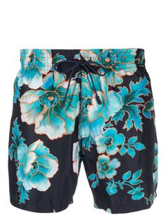 navy blue turquoise blue-green all-over floral print elasticated drawstring waistband rear patch pocket thigh-length Be mindful to try on swimwear over your own garments. Italian Textiles, Navy Blue Fabric, Saint Laurent Shoes, Printed Swim, Blue Turquoise, Drawstring Waistband, Floral Maxi, Luxury Fabrics, Blue Fabric