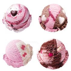 four different types of ice creams with hearts on them, one pink and one chocolate