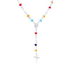 Make a statement of faith and fashion with this gorgeous Rosary necklace! This unique piece of jewelry is crafted with 14k white gold filled metal and is adorned with multicolor crystal beads. The perfect accessory for spiritual protection and elegance, this necklace makes a lovely addition to any outfit. The necklace length is about 20 inches with a 4 inches extension that ends with a crucifix pendant and is lead and nickel free, making it safe for any skin type. Whether you’re looking for a me Multicolor Crystal Beaded Chain Jewelry, Multicolor Beaded Chain Crystal Necklaces With Spiritual Style, Multicolor Beaded Chain Crystal Necklace, Spiritual Style, Multicolor Crystal Jewelry With Colorful Beads, Multicolor Beaded Chain Spiritual Crystal Necklaces, Spiritual Multicolor Beaded Chain Crystal Necklaces, Spiritual Multicolor Crystal Necklaces With Beaded Chain, Multicolor Spiritual Beaded Chain Jewelry, Spiritual Multicolor Beaded Chain Jewelry