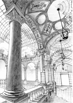 a pencil drawing of an ornate building with columns and arches on the ceiling, in black and white