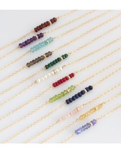 "Birthstone Layering Necklace, hand strung on your choice of 14K Gold Fill or Sterling Silver Chain. This mini birthstone beaded bar necklace is great for layering and everyday wear. A beautiful and simple Perfect Gift for Her, birthday gift, bridesmaid gift or christmas gift. *listing is for one birthstone beaded bar necklace. NECKLACE - Choice of birthstone (garnet, amethyst, aquamarine, diamond, emerald, pearl/moonstone, ruby, peridot, sapphire, pink opal, topaz/citrine, tanzanite) - Birthsto Birthstone Necklace Mothers, Dainty Gemstone Necklace, Gemstone Bar Necklace, Bead Bar Necklace, Bar Necklace Personalized, Bridesmaid Gifts Jewelry, Jewelry Appraisal, Necklace Simple, Necklace Gemstone