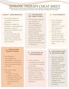 Use this helpful somatic therapy one sheet to better understand the process of the somatic therapy techniques and tools to better understand how emotions live in our bodies. Emotionally Focused Individual Therapy, Somatic Movement Therapy, What Is Somatic Therapy, Somatic Worksheets, Somatic Release Exercises For Beginners, Self Soothe Techniques, Somatic Experiencing Therapy, Somatic Dance Therapy, Somatic Therapy Worksheets