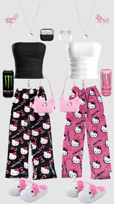 New Jeans Sanrio, Bsf Outfits, Sanrio Funny, Matching Couple Fits, Ginger Outfits, Pajama Party Outfit Ideas, Hello Kitty Pjs, Pajama Party Outfit