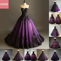 Black And Purple Quinceanera Dresses, Purple And Black Wedding Dress, Dark Purple Quinceanera Theme, Dark Purple Ball Gown, Halloween Bridesmaid Dress, Black And Purple Wedding Dress, Plum Prom Dress, Purple And Black Wedding, Purple Ball Gown