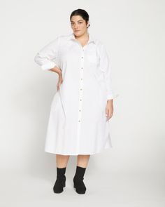 Odeon Stretch Poplin Shirtdress - White | Universal Standard Classic White Shirt Dress For Work, Chic Daywear Shirt Dress With Covered Buttons, Chic Shirt Dress With Covered Buttons For Daywear, Classic Shirt Dress With Hidden Button Closure For Office, Daywear Button-up Shirt Dress With Placket, Classic Button-up Shirt Dress, Classic Shirt Dress With Hidden Button Closure For Daywear, Classic Relaxed Fit Button-up Shirt Dress, Elegant Shirt Dress With Relaxed Fit And Spread Collar