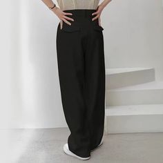 F00279788-104 Black Straight Leg Dress Pants With Pockets, Baggy Solid Color Pants For Business Casual, Solid Color Baggy Pants For Business Casual, Baggy Solid Pants For Business Casual, Baggy Business Casual Pants, Baggy Dress Pants For Work, Casual High-waisted Dress Pants For Office, Business Casual Bottoms With Pockets, Full Length, Baggy Black Work Pants