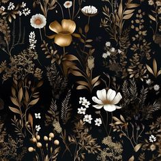 a black and gold floral wallpaper with white flowers, leaves and berries on it