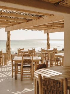 an outdoor dining area overlooking the ocean with wooden tables and chairs set up for people to eat