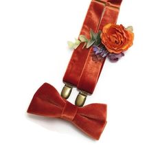 "Sunset burnt orange velvet bow tie and suspenders Fall vintage wedding ideas for men groomsmen outfit ringbearer sets matching boutonnieres Size of SUSPENDERS (made of FABRIC, Y-shape back, antique bronze clips) - BABY/TODDLER/BOY (6 months-3 years old) Adjustable 16-26\"\" - BOY (4 - 12 years) Adjustable up to 32\" inches. ADULT suspenders. - Adjustable 26\"-40\" Width of straps is 1 inch. If you need wider and longer straps for BIG and TALL men just let us know Size of PRE-TIED bow tie: 5*10 Wedding Ideas For Men, Fall Vintage Wedding, Groom Handkerchief, Groomsmen Outfit, Groom Suspenders, Vintage Wedding Ideas, Burnt Orange Velvet, Groomsmen Suspenders, Burgundy Bow Tie