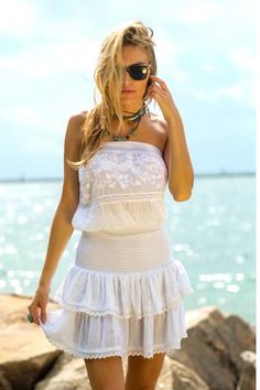 Coquette Tiered Strapless Mini Dress - Premium Dresses from Marina St. Barth - Just $269.00! Shop now at Marina St Barth Feminine Tiered Mini Dress With Lace Trim, Tiered Lace Mini Dress With Ruffles, Strapless Summer Mini Dress With Lace Trim, Strapless Mini Dress With Lace Trim For Summer, Strapless Lace Mini Dress For Beach, Strapless Lace Summer Dress, Strapless Lace Dress For Summer, Summer Beach Mini Dress With Ruffled Skirt, Beach Sundress With Ruffled Skirt