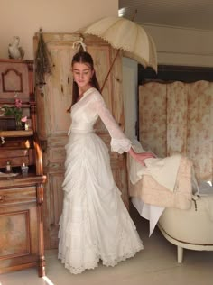 "Gorgeous  antique bustle wedding dress..! Wow this dress is so beautiful! This outfit has 4 parts: 1. A dotted white muslin cotton bustle skirt. This skirt has a lovely antique lace edge. and closes with hooks and eyes. The waist is 65 cm  25.5 inches and the length 107 cm   42 inches. 2. The bustle overlay has the same lave and closes with hooks and eyes too. This overlay has waist 64 cm   25 inches. It has an asymmetrical shape. 3. The muslin cotton camisole has bust  38.5\" 98 cm and waist 6 Edwardian Wedding Dress Vintage, Vinatge Wedding Dress, Meg March Wedding Dress, 1920s Wedding Dress Authentic, Victorian Era Wedding Dress, Wedding Dress Small Bust, 1900 Wedding Dress, 1900s Wedding Dress, 70s Style Wedding Dress