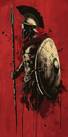 a painting of a spartan holding a spear and shield with blood dripping all over it