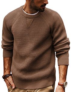 PRICES MAY VARY. Classic Design: Men waffle sweaters feature with raglan sleeve, crew neck, classic waffle textured, neckline with sweatshirt triangle design, ribbed neckline, sleeve cuffs and hemline. The classic crewneck design is easy to pair with various outfits. Dress it up with a collared shirt for a more polished look or wear it casually with jeans for a laid-back style Soft & Comfy Material: Men's pullover sweater is made of soft knitting elastic fabric, stretch, skin-friendly, warm and Knitted Crew Neck Sweater, Mens Minimalist Fashion Streetwear, Brown Crew Neck Sweater With Ribbed Neckline, Brown Sweater With Ribbed Crew Neck, Casual Brown Sweater With Ribbed Neckline, Casual Solid Waffle Knit Sweater, Casual Brown Waffle Knit Sweater, Brown Waffle Knit Casual Sweater, Brown Waffle Knit Sweater For Winter