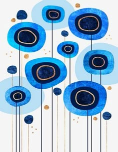 an abstract painting with blue flowers and gold circles on white canvas, ready to hang