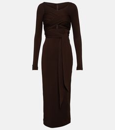 Draped wool-blend midi dress in brown - Dolce Gabbana | Mytheresa Hijabi Fits, Draped Bodice, Trendy Dresses, Midi Length, Designing Women, Wool Blend, Color Design, Bodice, Top Brands