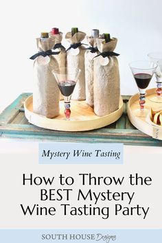 wine tasting party with bottles and glasses on the tray, text reads how to throw the best mystery wine tasting party