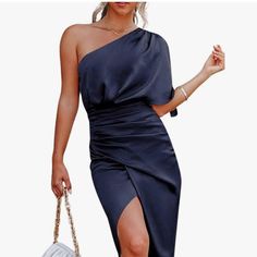 Cupshe Women's Satin Dress Backless One Shoulder Short Sleeves Midi High Low Hem Cocktail Party Dress Womens Satin Dress, Cupshe Dress, Outfit For Wedding, Elegant Silk Dresses, Black Tie Wedding Guest Dress, Brides Maid Dresses, Black Tie Wedding Guest, Graduation Outfit Ideas, Silk Party Dress