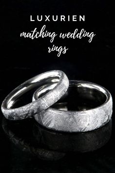 Celebrate your engagement and upcoming wedding by wearing these stunning Gibeon meteorite wedding bands. Each ring is handmade by artisan jewelers in the USA and can be customized in width and size. A unique and rare wedding ring should be selected to symbolize the bond and special love you share with your partner! Visit Luxurien today and order your matching ring set today! #weddingrings #hisandhers #matchingsets Meteorite Ring Engagement, His And Her Wedding Bands, Meteorite Wedding Rings, Meteorite Rings, Matching Ring Set, Meteorite Wedding Band, Gibeon Meteorite, Meteorite Jewelry, Dinosaur Fossil