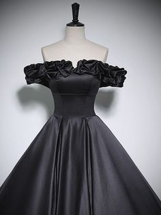 Black Satin Dress For Banquet, Black A-line Mini Dress For Wedding, Black Satin Short Sleeve Dress, Black A-line Dress With Ruffles, Black Knee-length Satin Dress, Black A-line Dress For Wedding, Black Short Sleeve Mini Dress For Wedding, Black A-line Wedding Dress, Black A-line Mini Dress For Banquet