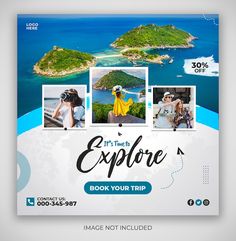 an advertisement for the explore book your trip with photos and captioning text on it