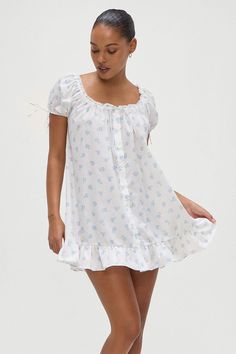 Starlet Poplin Mini Dress in Periwinkle Blue and White Floral Print Soft Feminine Style, Pink Babydoll Dress, Sewn Clothes, Sunday Clothes, Off Shoulder Design, Babydoll Mini Dress, Thrift Inspo, Babydoll Style, Summer 2025