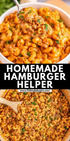 A fork is lifting a portion of homemade hamburger helper from a white bowl, garnished with fresh herbs. Hamburger Helper Recipes Homemade, Homemade Healthy Hamburger Helper, Cheesy Hamburger Helper Homemade, One Pan Hamburger Meals, Homemade Hamburger Helper Recipes, Easy Hamburger Helper Recipes