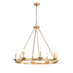 a large chandelier with six lights hanging from the ceiling and one light is gold