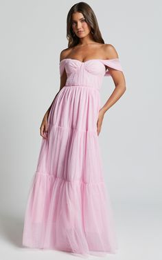 Ontario Maxi Dress - Off Shoulder Corset Bodice Tulle Dress in Ballet Pink | Showpo USA Baby Pink Maxi Dress, Off Shoulder Corset, Basic Black Dress, Bachelorette Dress, Neon Outfits, Spring Maxi Dress, Navy Bridesmaid Dresses, Pink Bridesmaid Dresses, Corset Bodice