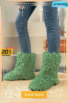 Plain Faux Lamb Wool Warm Snow Boots Green Flat Heel Winter Boots, Green Synthetic Winter Boots, Winter Green Synthetic Boots, Green Ankle Boots For Winter, Green Synthetic Boots For Spring, Casual Flat Winter Boots, Green Winter Boots With Round Toe, Trendy Flat Boots For Spring, Flat Synthetic Winter Boots