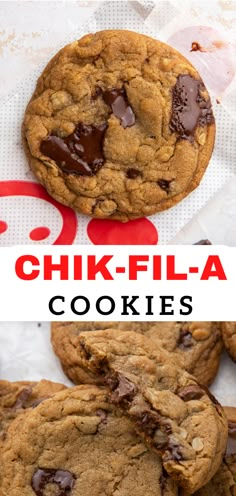 chocolate chip cookies are stacked on top of each other with the words, chickfla cookies