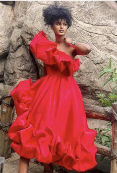 Red ruffle assymetrical couture evening dress | NOT JUST A LABEL Off Shoulder Ruffle Dress, Bubble Hem Dress, Couture Evening Dress, Twill Dress, Shoulder Ruffle Dress, Long Red Dress, Ankara Dresses, Go Red, Dress With Ruffles