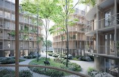 an artist's impression of a courtyard with trees and bushes in the foreground