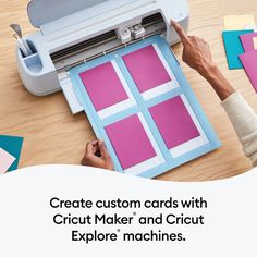 a person using a cricut maker on a table with paper cut out and colored squares