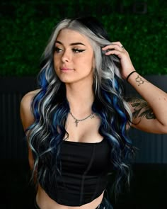 Black N Orange Hair, Brunette With Pastel Highlights, Blue And Blonde Streaks In Brown Hair, Birthday Hair Dye Ideas, Hair Colors That Make Green Eyes Pop, Black Blue And Blonde Hair, Halloween Hair Color Ideas For Dark Hair, Peek A Boo Hair Color Ideas For Blondes, Fantasy Hair Colors