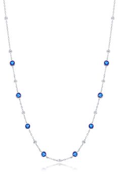 Faceted blue cubic zirconia stones sparkle along a beaded chain necklace created from shining sterling silver. 18" chain length Lobster clasp Sterling silver/cubic zirconia Imported Beaded Chain Necklace, Station Necklace, Blue Necklace, Curator Style, Beaded Chain, Just For Me, Chain Lengths, Chain Length, Womens Jewelry Necklace