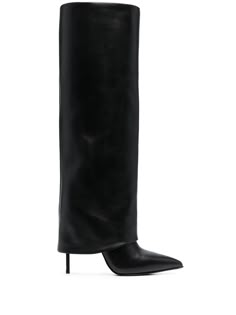 jet black calf leather pointed toe branded insole 120mm high stiletto heel knee-high pull-on style Ysl Knee High Boots, Luxury Zara Party Boots, Luxury Black Boots, Black Heels For Women, High Heel Black Boots, Le Silla Boots, Black Long Heels, Le Silla Heels, Boots Black Aesthetic