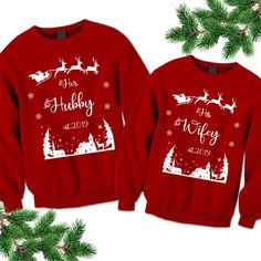 His Wifey Christmas Sweatshirt. Her Hubby Christmas Sweater. Matching Couple Shirts. Ugly Christmas. https://etsy.me/2oKiye0 #clothing #hoodie #christmas #pullover #longsleeve #unisexsweatshirt #couplesshirts #couplessweaters #uglyfamilysweater Family Christmas Sweatshirts Matching, Matching Sweaters For Couples Christmas, His And Hers Matching Christmas Shirts, Christmas Couple Tshirts, His And Her Christmas Sweaters, Matching Family Christmas Sweaters, Family Christmas Sweaters, Personalized Matches, Matching Sweatshirts