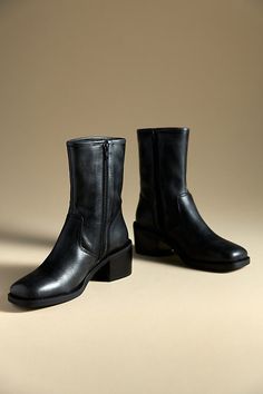 Leather upper, insole Rubber sole Side zip Imported | Block Heel Boots by Anthropologie in Black, Women's, Size: 36, Leather/Rubber Everyday Boots For Women, Business Casual With Boots, Business Casual Boots, Black Boots Ankle, Anthropologie Boots, Boots Black Women, Ankle Heel Boots, Black Mid Calf Boots, 90s Boots