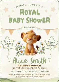 the lion king baby shower is in green and white with flowers on it's head