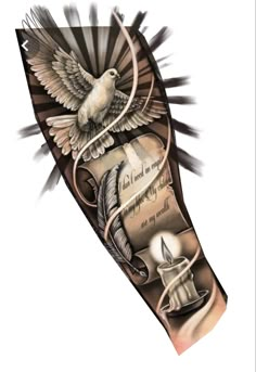 an arm tattoo with a dove and scroll on it