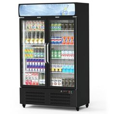 an image of a beverage cooler with drinks in it's doors and lights on