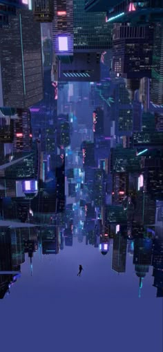 an abstract cityscape with skyscrapers in the background and a person walking through it